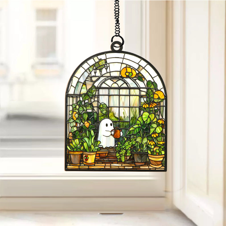 Cute Ghost at Greenhouse Halloween Suncatcher, Cute Ghost Window Hanging Decor