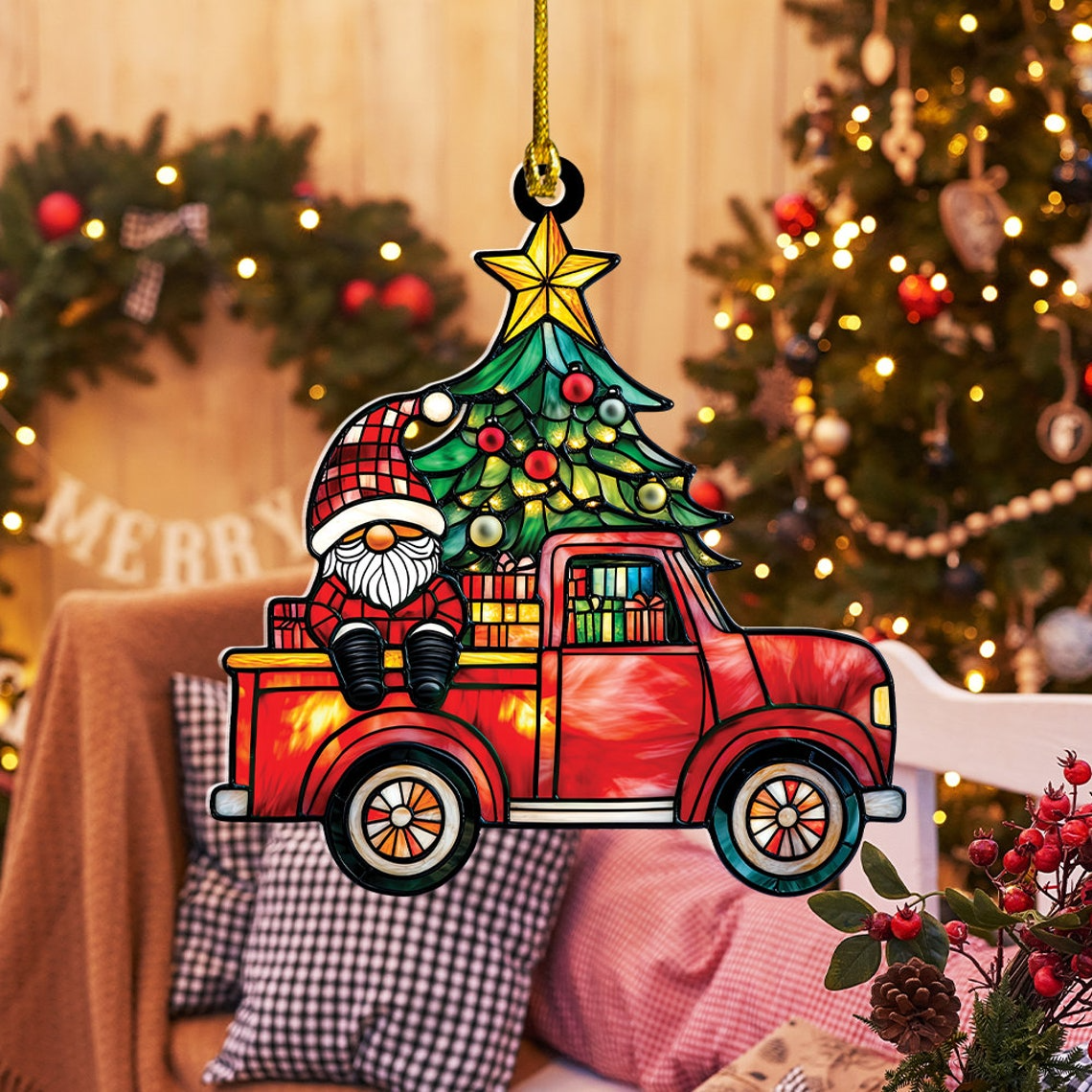 Santa Gnome and Christmas Tree Suncatcher, Red Truck Gnome Hanging Suncatcher Ornament