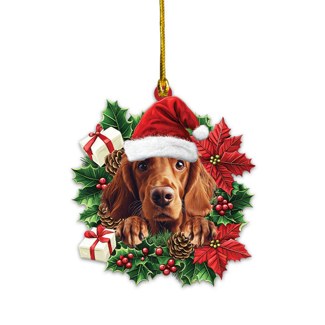 Irish Setter Dog Hanging Christmas Wreath Ornament, Irish Setter Dog Christmas Tree Ornament