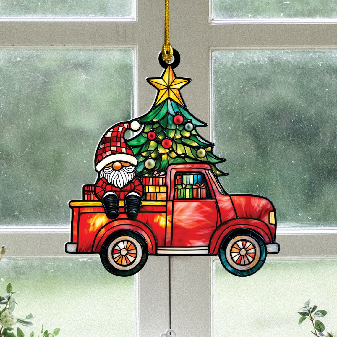 Santa Gnome and Christmas Tree Suncatcher, Red Truck Gnome Hanging Suncatcher Ornament