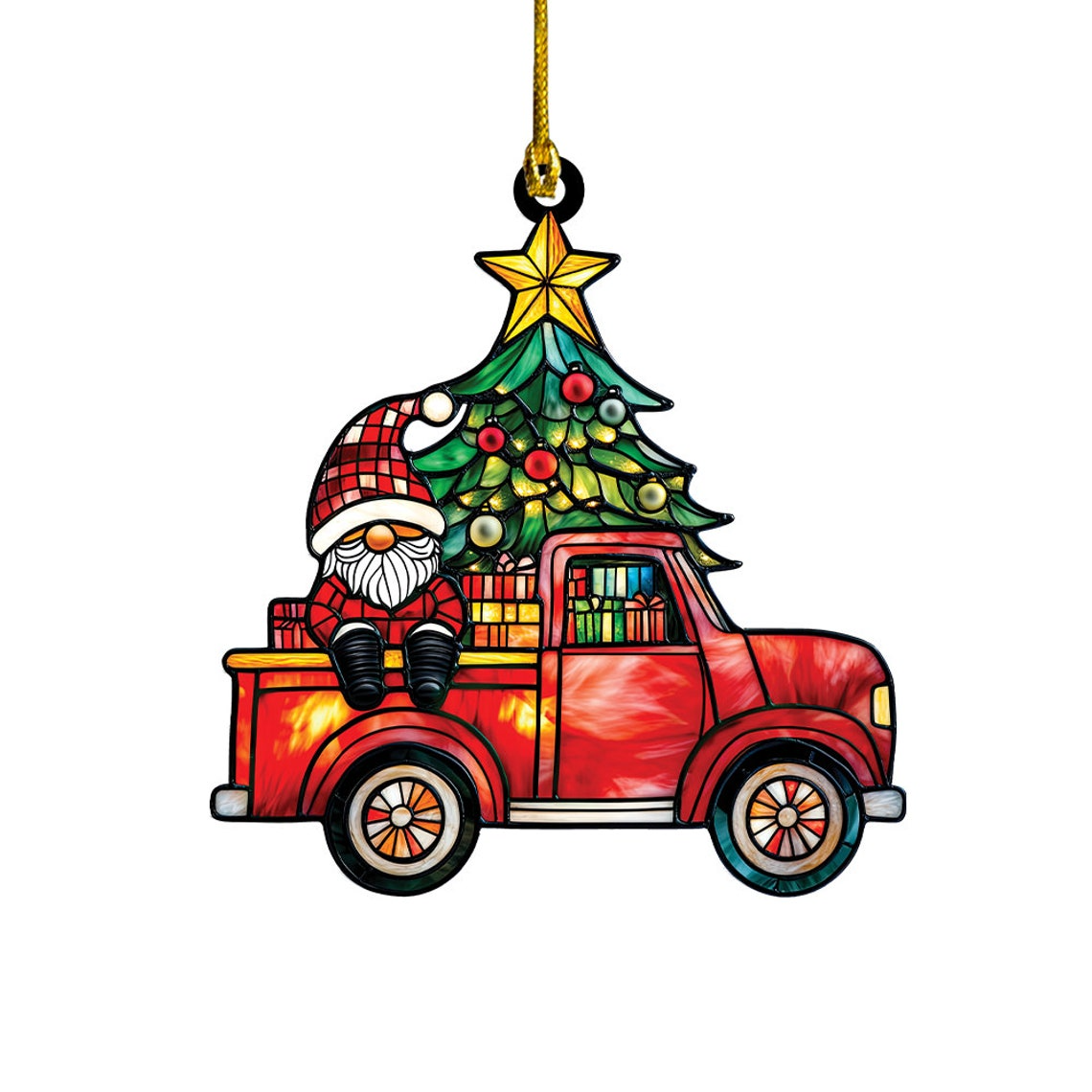 Santa Gnome and Christmas Tree Suncatcher, Red Truck Gnome Hanging Suncatcher Ornament