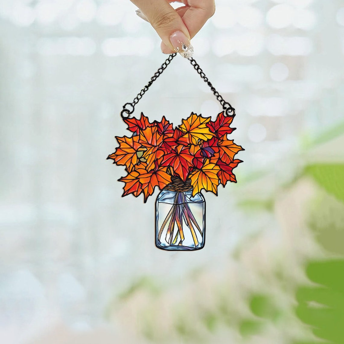 Maple Leaves Autumn in Mason Jar Suncatcher, Maple Leaves Hanging Ornament