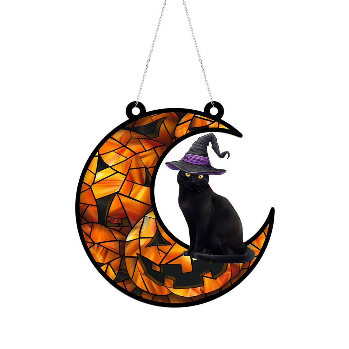 Cat Halloween Moon Window Hanging Suncatcher, Halloween Cat Pumpkin Ornament