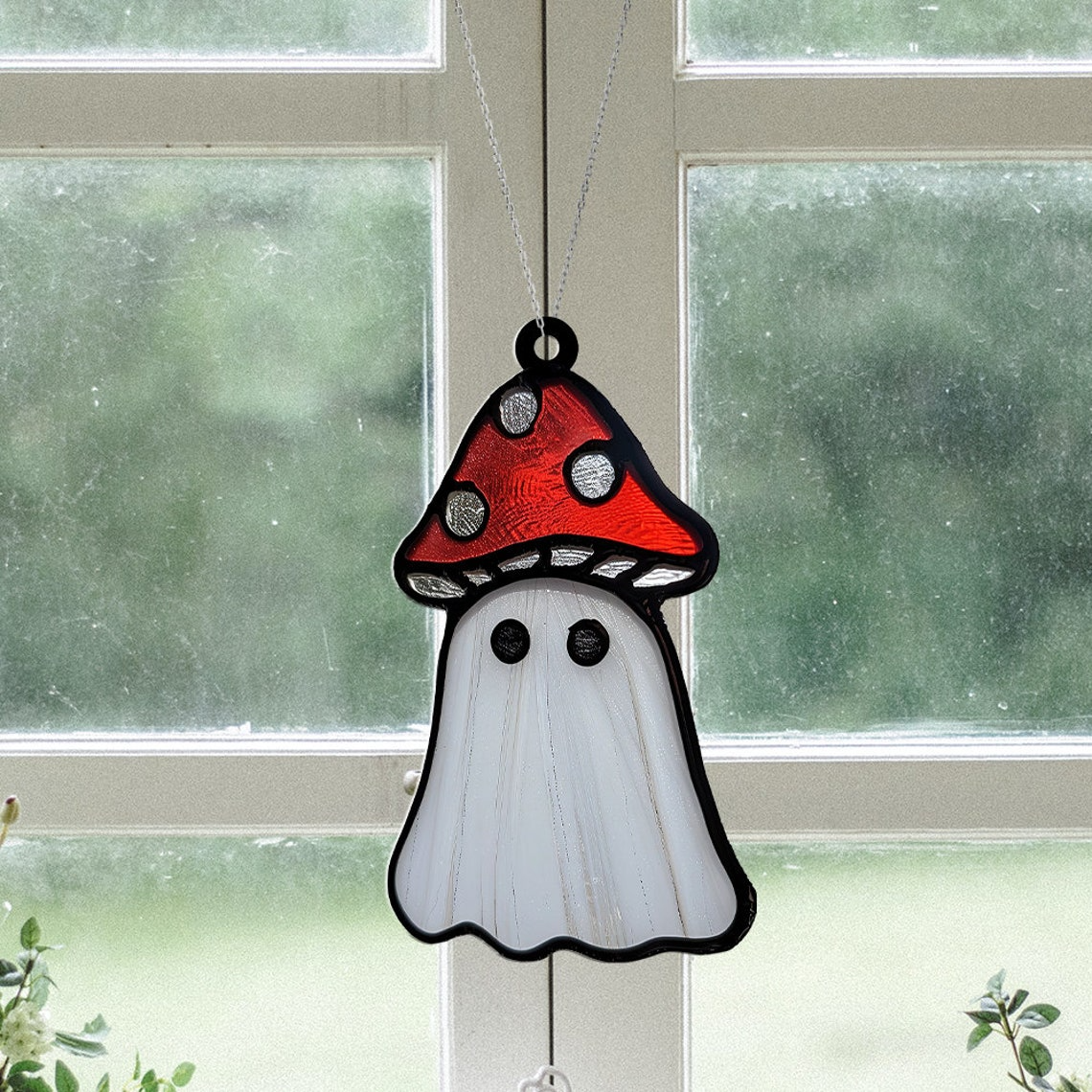 Cute Ghost With Mushroom Suncatcher, Halloween Vintage Ghost Ornament Decor