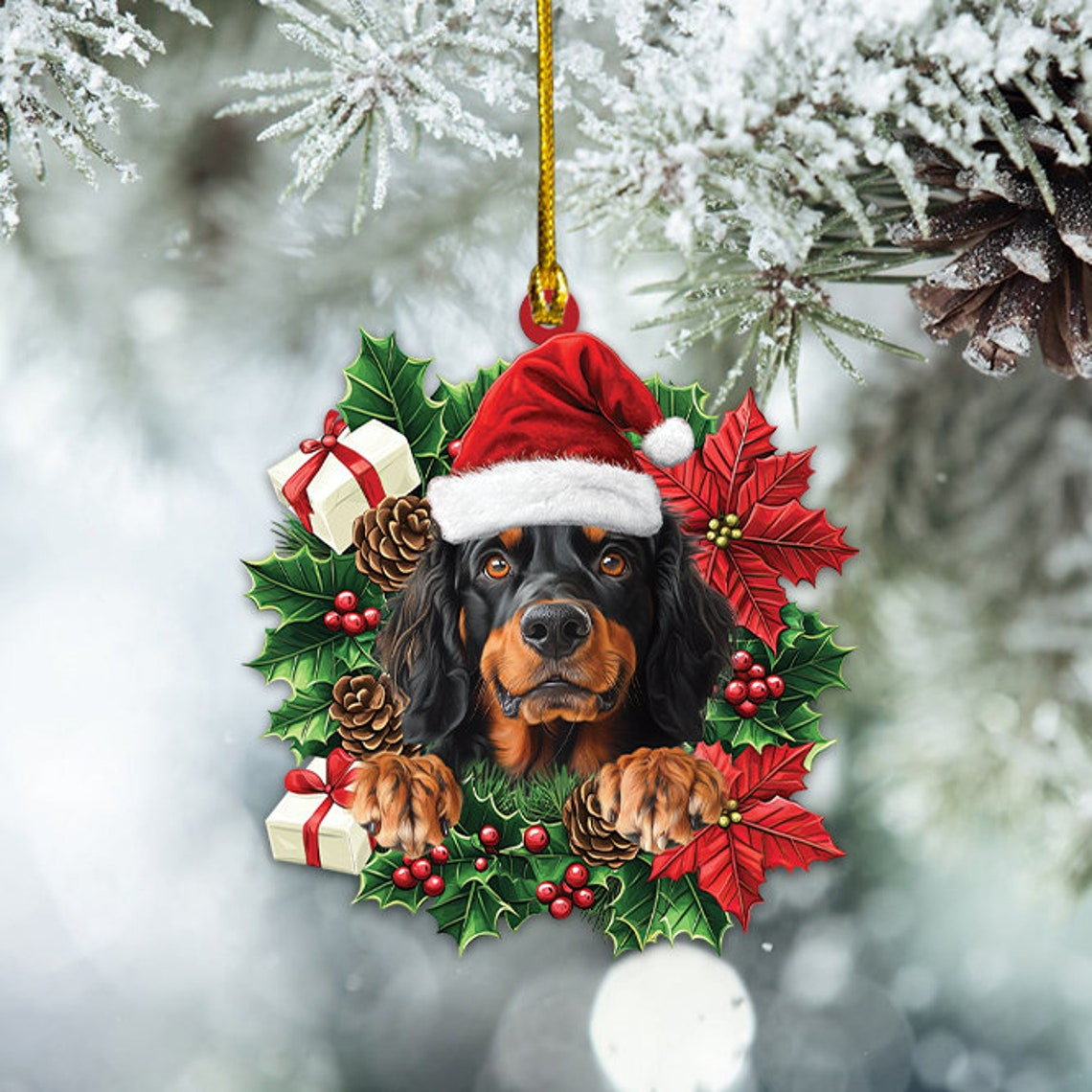 Gordon Setter Dog Christmas Wreath Ornament, Gordon Setter Dog Christmas Ornament