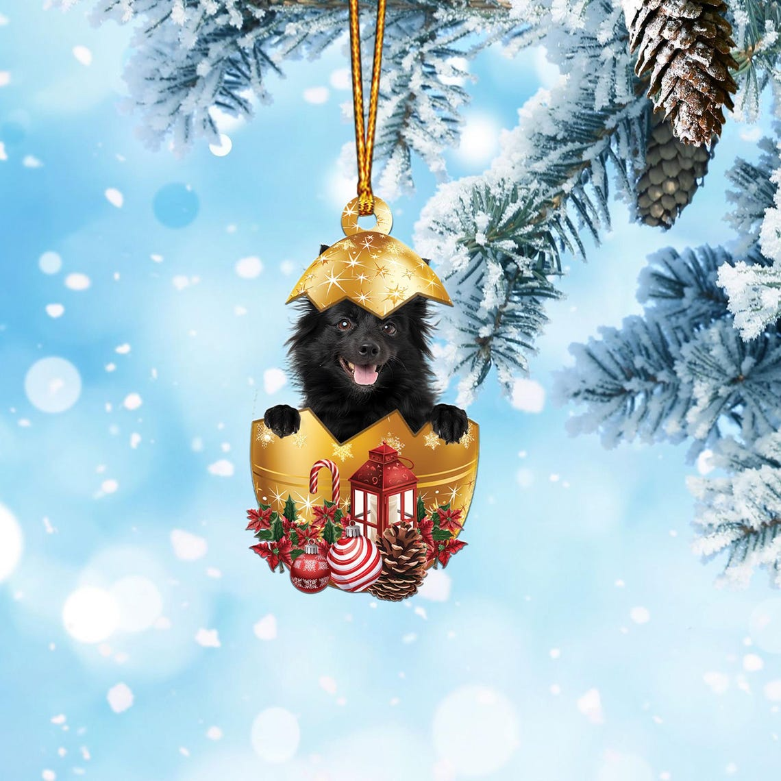 Schipperke In in Golden Egg Ornament, Black Dog Hanging Christmas Ornament Decor