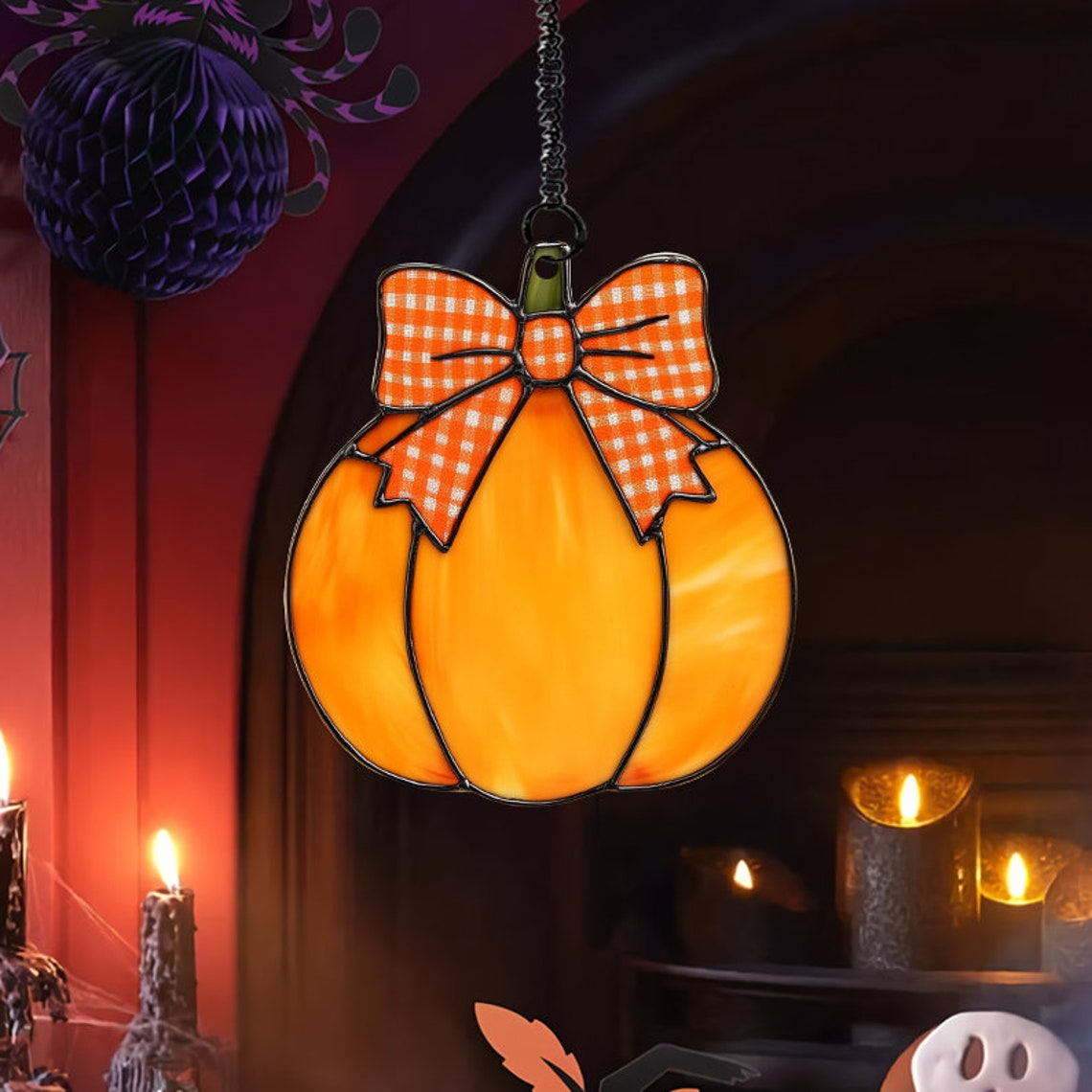 Pumpkin and Red Bow Suncatcher Decor, Pumpkin Suncatcher Ornament