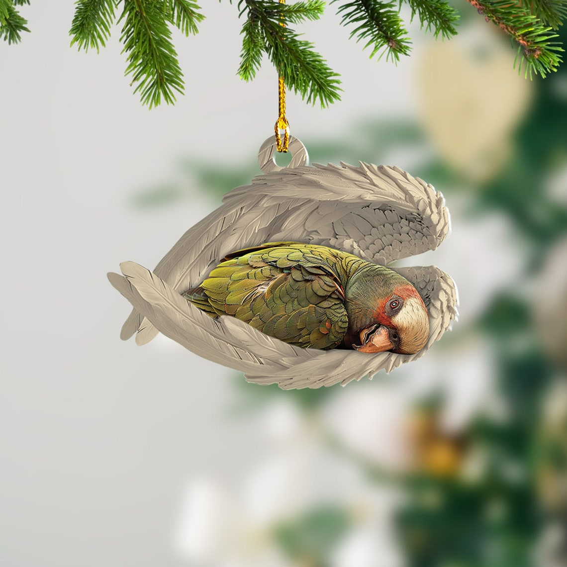 Green Cheek Conure Sleeping Christmas Ornament, Cute Bird Angel Wings Ornament Decor Gift