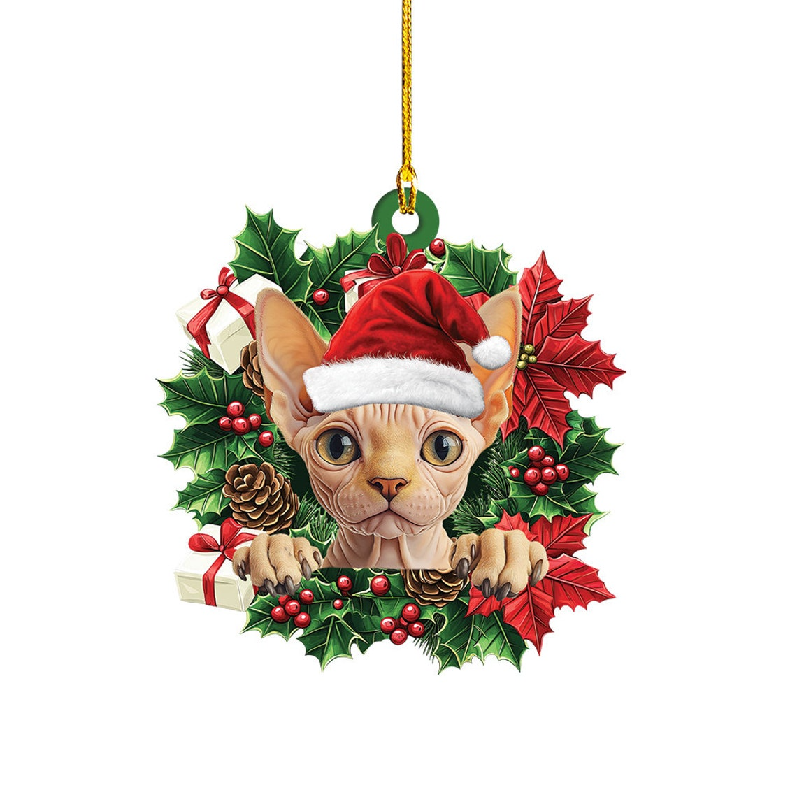 Sphynx Cat Hanging Christmas Wreath Ornament, Sphynx Cat Christmas Ornament Decor Holiday Gift