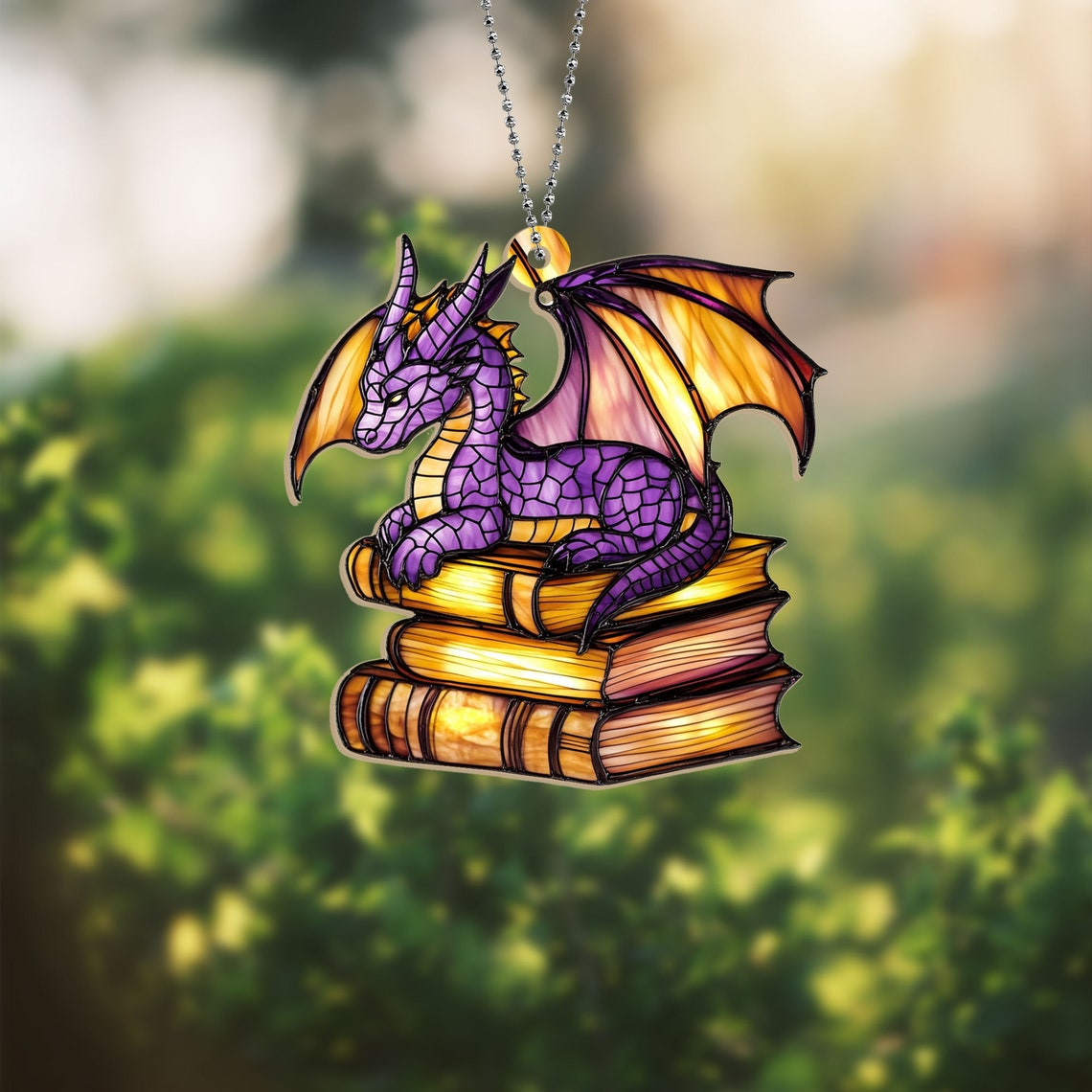 Book Dragon Purple Suncatcher Ornament, Fantasy Dragon Window Ornament