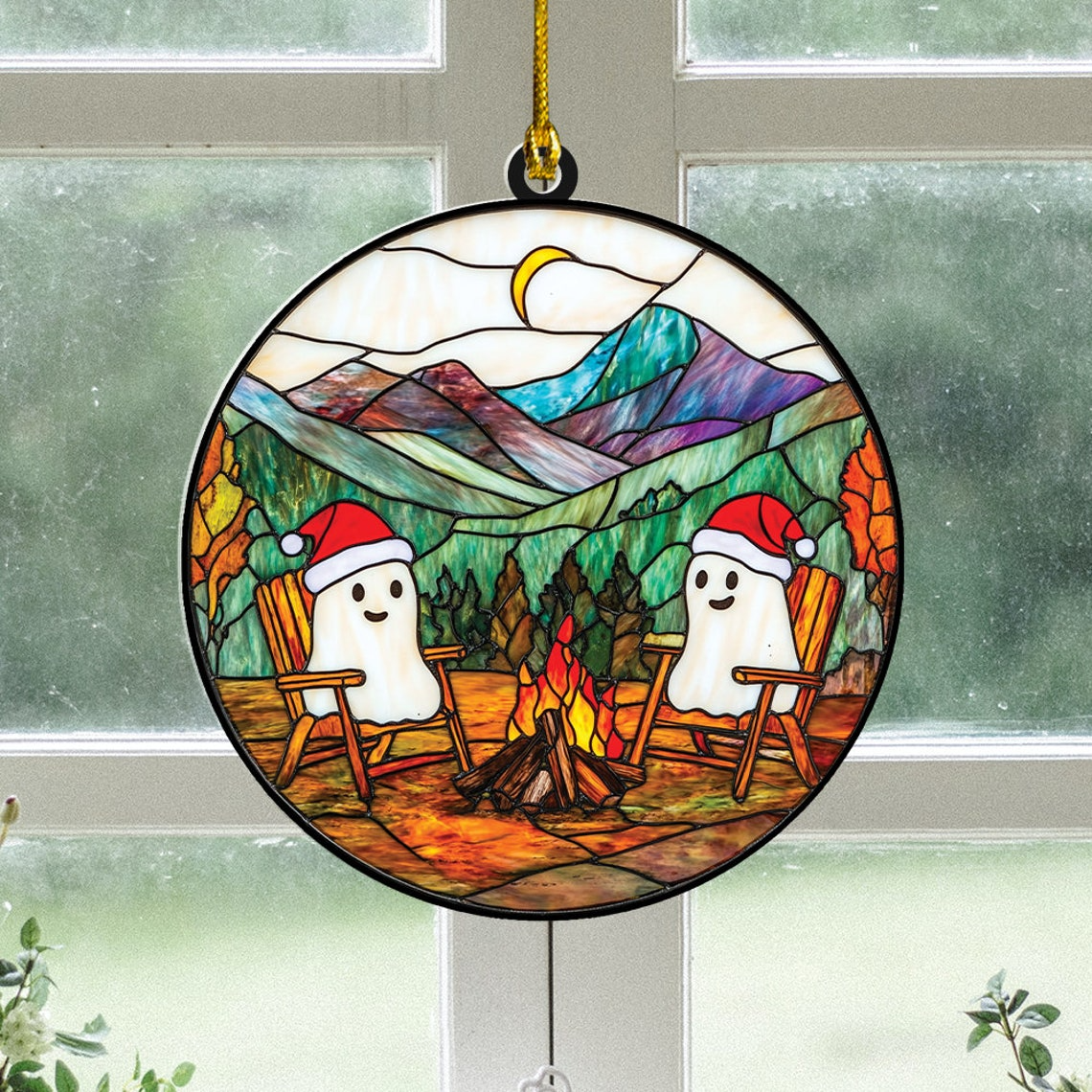 Ghosts Camping Halloween Suncatcher, Ghosts Camping Window Hanging Decor