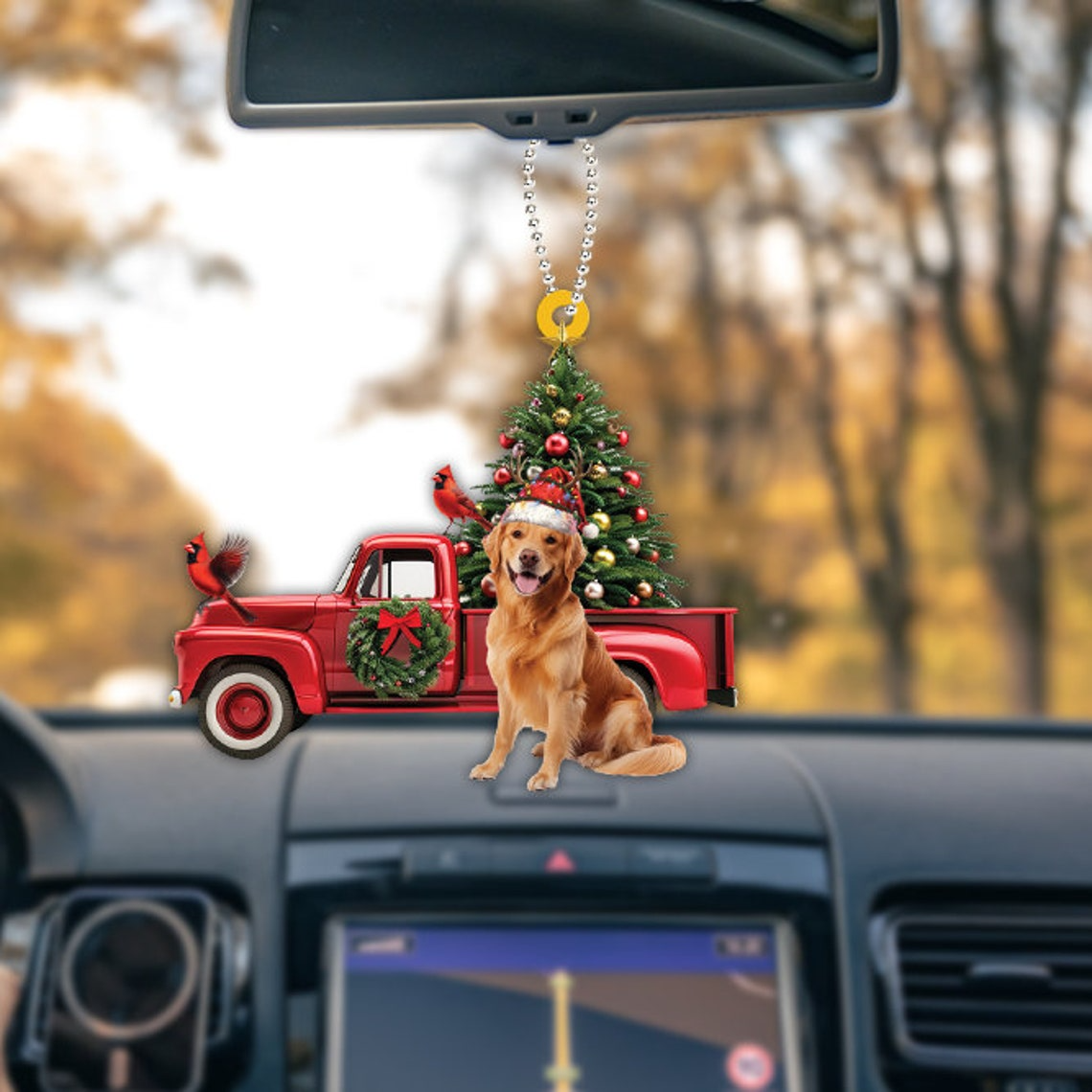 Golden Retriever Dog Red Truck Christmas Ornament, Retriever Dog Car Hanging Ornament Decor Gift