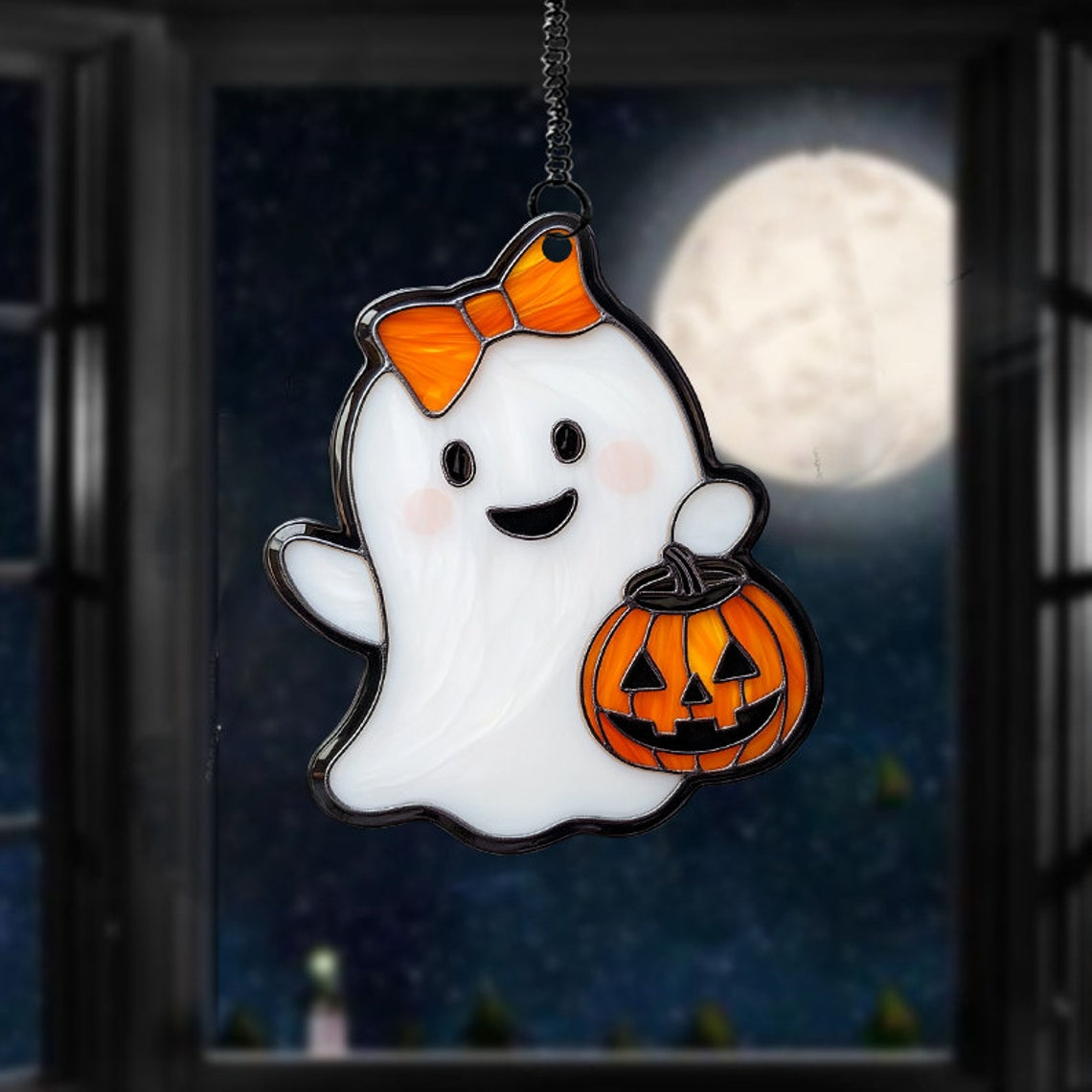 Cute Ghost Laugh with Lantern Halloween Suncatcher, Ghost Hanging Ornament Home Decor