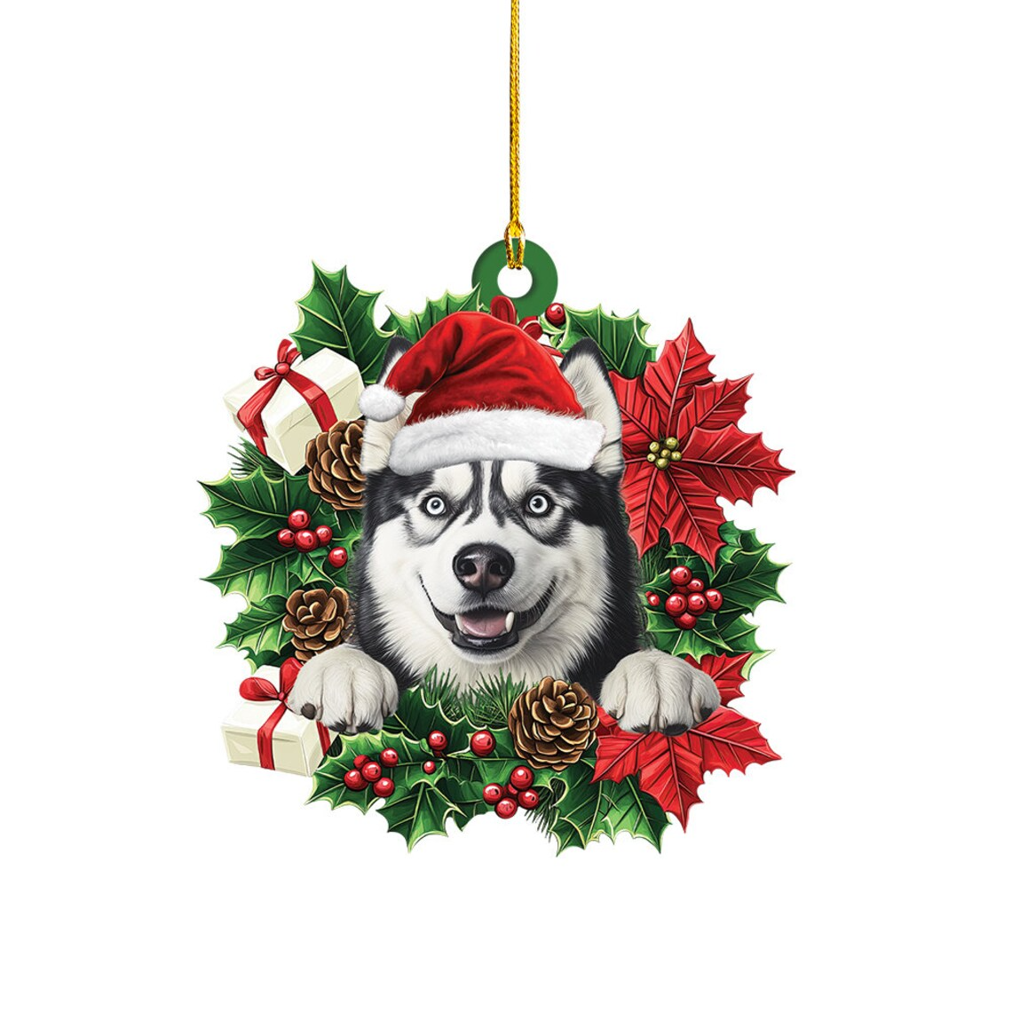 Dog Hanging Christmas Wreath Ornament, Siberian Husky Dog Christmas Ornament Decor Gift