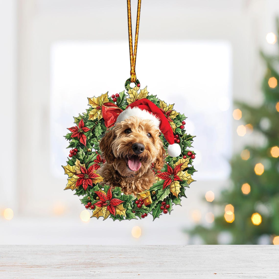 Goldendoodle and Christmas Wreath Ornament, Christmas Dog Ornament Decor Holiday