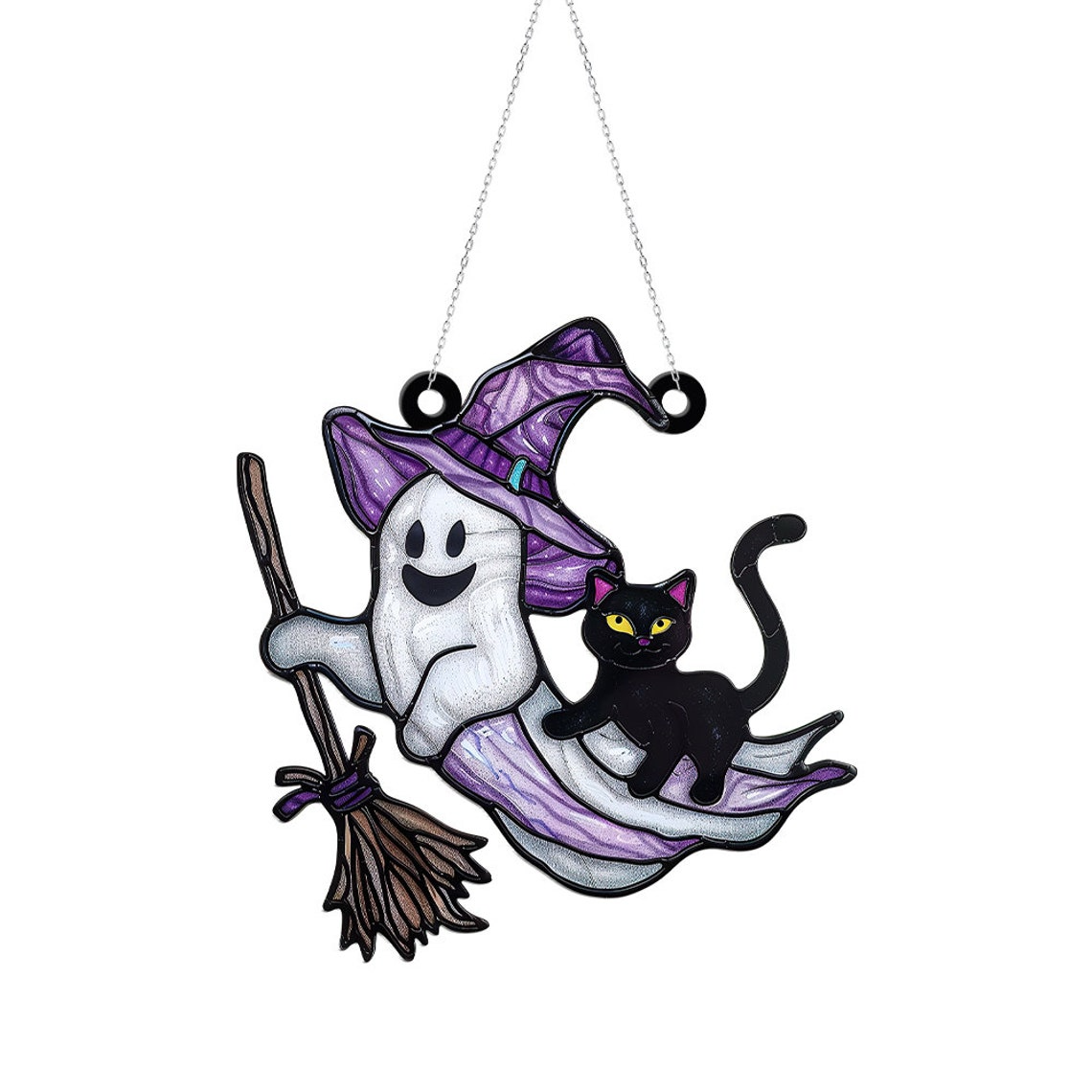 Ghost Witchy and Cat Ghost Halloween Suncatcher, Halloween Ghost Cat Hanging Ornament