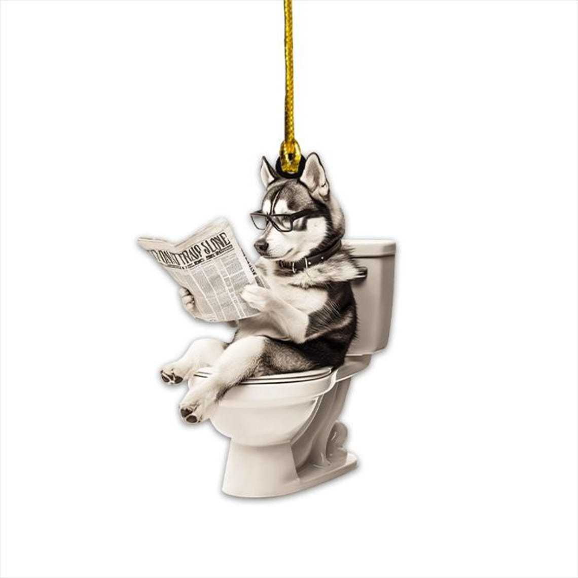 Siberian Husky Dog Sitting On Toilet Ornament, Husky Dog Reading Newspaper Ornament Christmas Gift