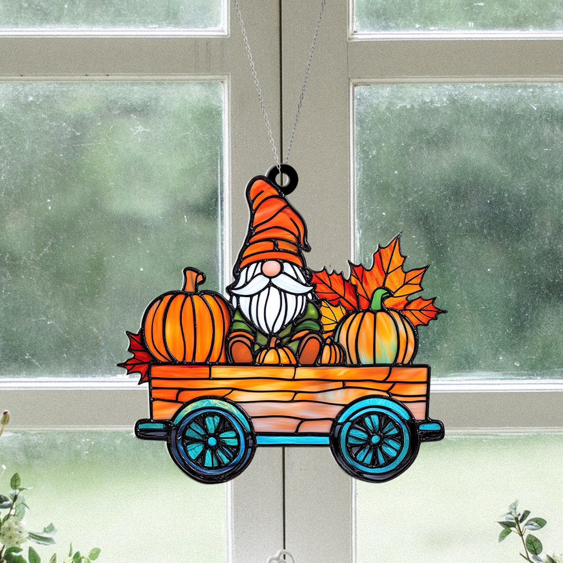 Gnomes on Pumpkin Cart Autumn Suncatcher, Gnome Autumn Thanksgiving Suncatcher Ornament Decor