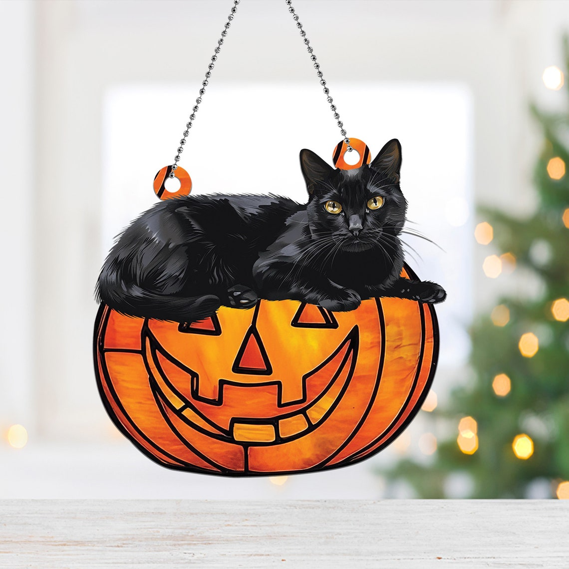 Black Cat Pumpkin Halloween Window Hanging Suncatcher, Cat Pumpkin Ornament Decor