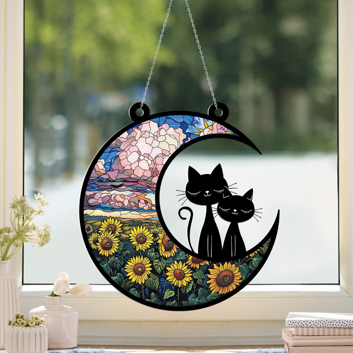 Cat Couple on the Moon Suncatcher, Cat Couple Window Hanging Decor Ornament