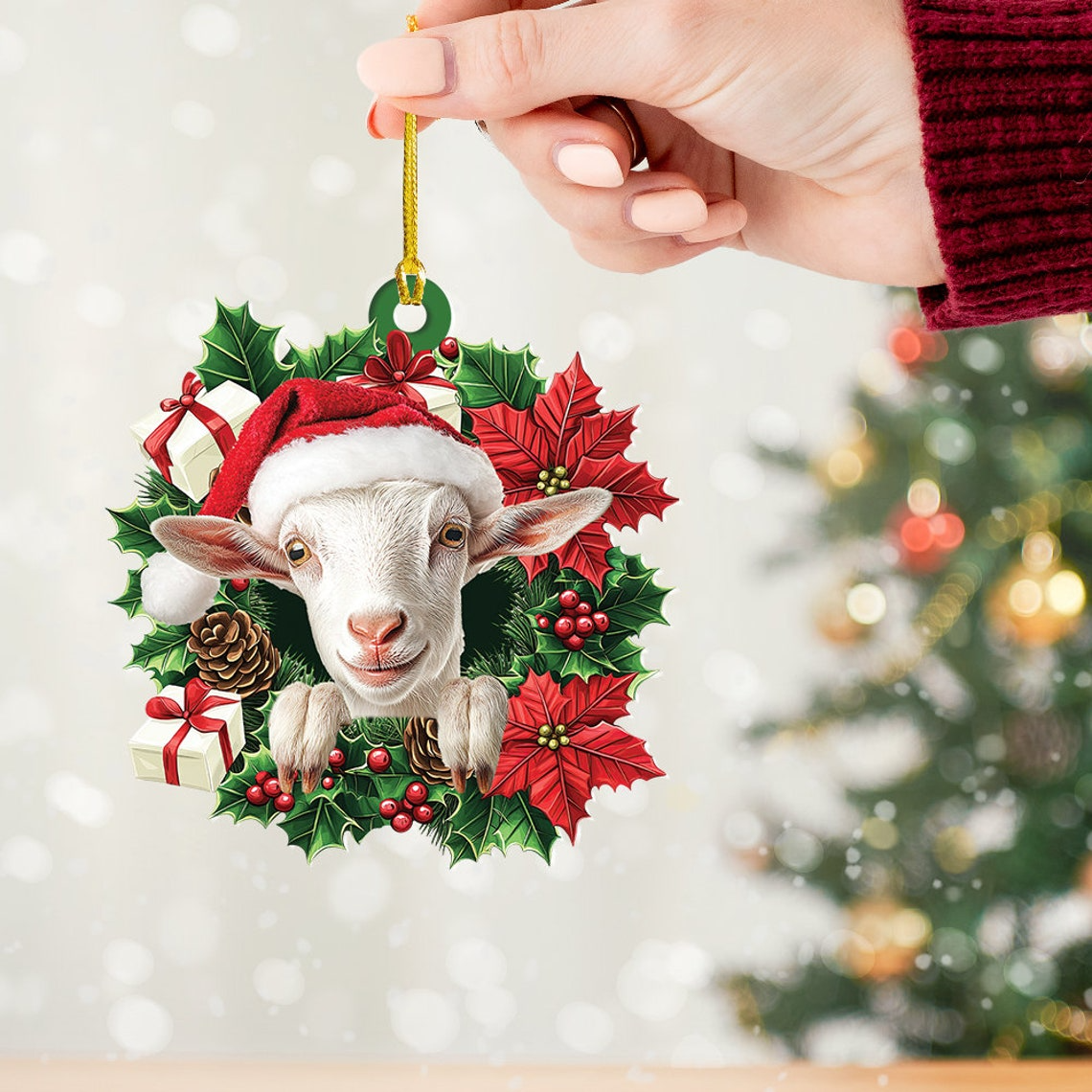 Cute White Goat Christmas Wreath Ornament, Ornament Goat Christmas Tree Lovers Holiday Gift