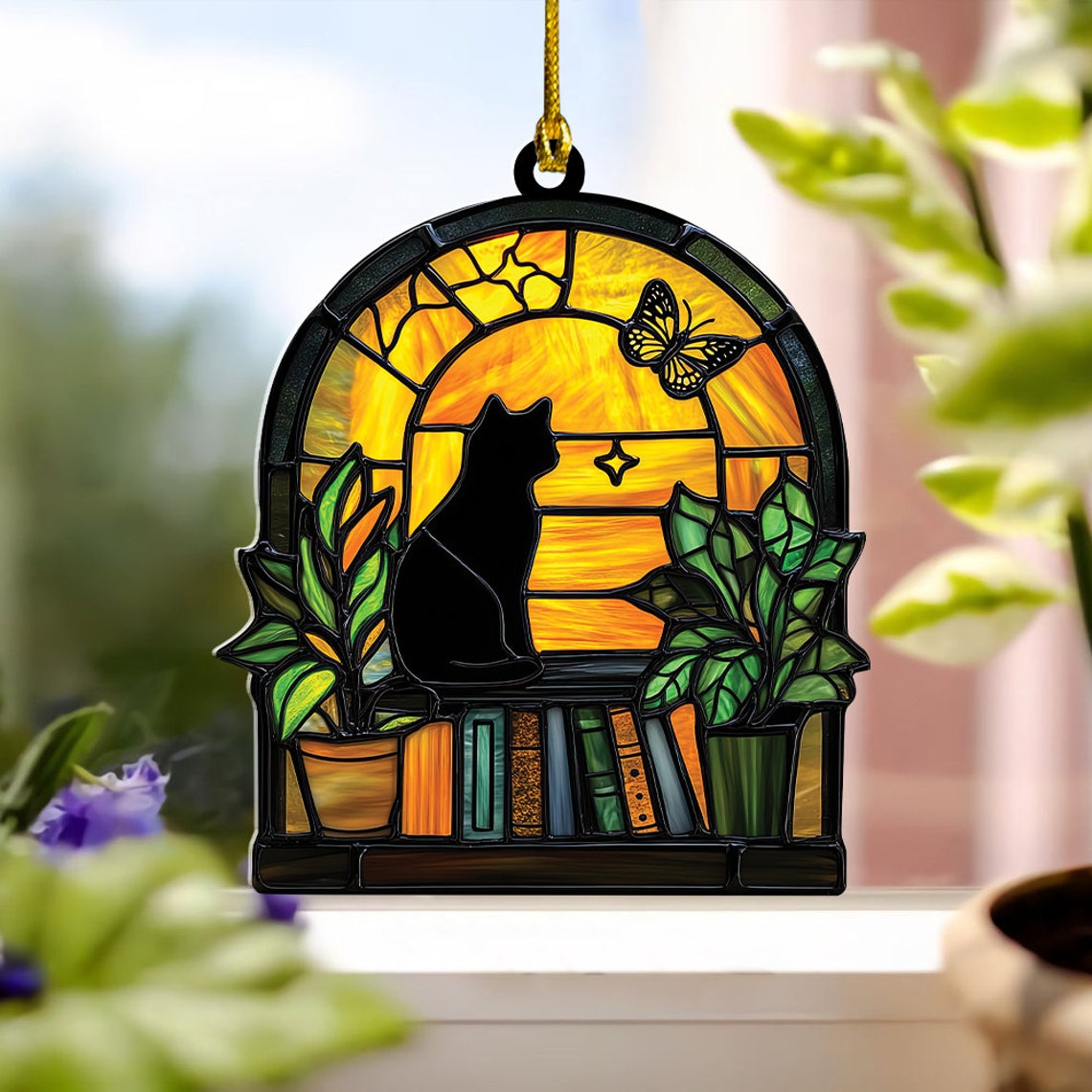 Black Cat on Bookshelf Suncatcher, Cat Hanging Ornament Home Decor