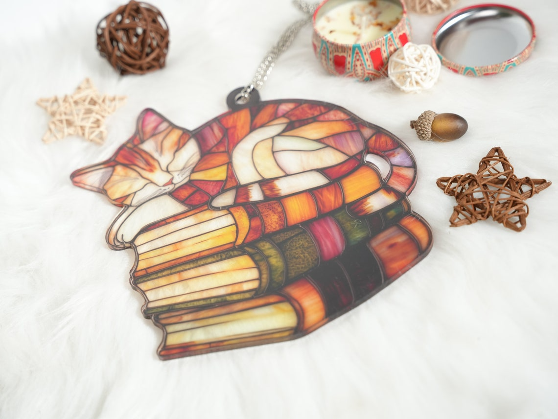 Cat Sleeping on Books Window Hanging Suncatcher, Cute Cat and Books Hanging Decor Gift