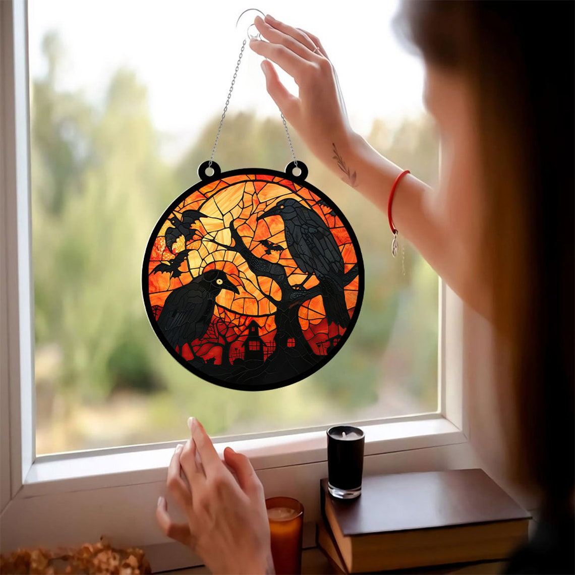 Moon Castle Crow Suncatcher Ornament, Halloween Hangings Ornaments Decor for Home