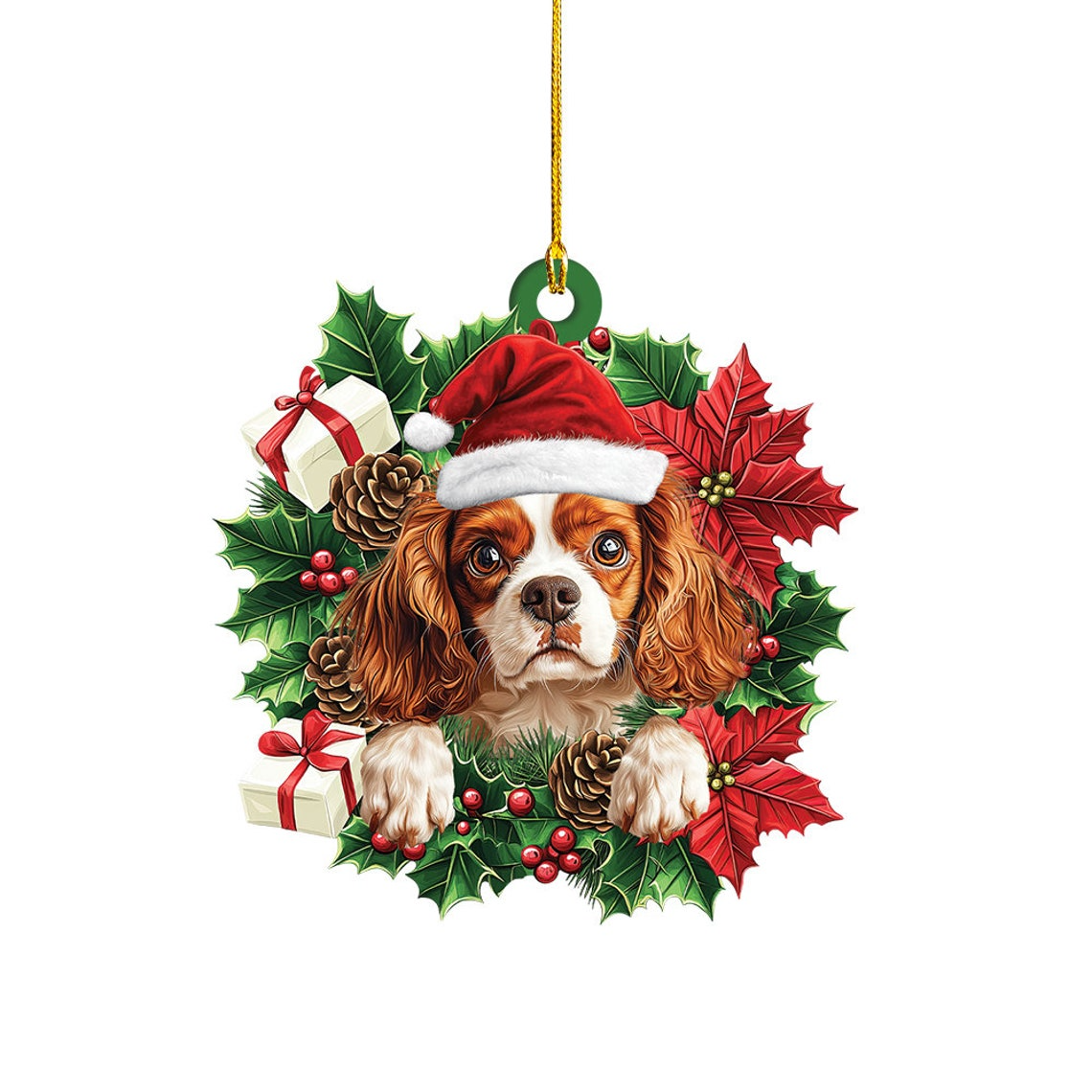 Cavalier King Charles Spaniel Dog Christmas Wreath Ornament, Cavaliers Dog Car Hanging Christmas Decor Ornament