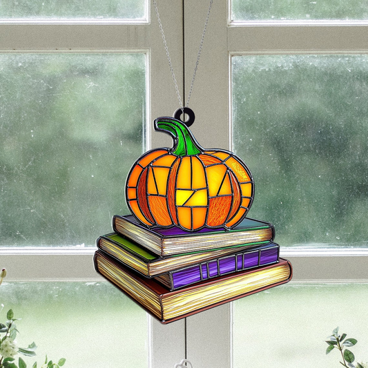 Pumpkin Books Halloween Suncatcher, Books Pumpkin Fall Ornament Decor