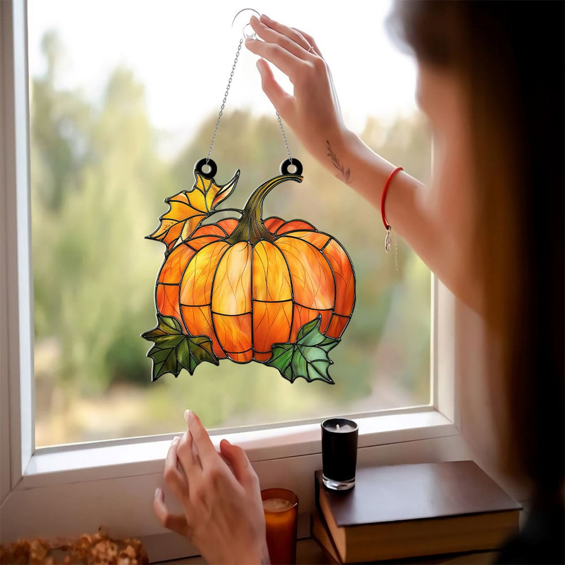 Pumpkin and Leaves Fall Suncatcher Ornament, Pumpkin Autumn Ornament