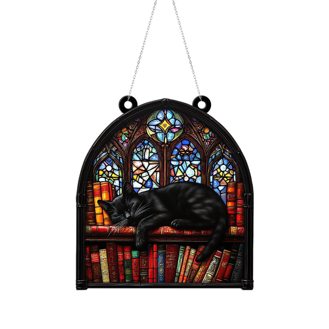 Cat Sleeping on Books Ornament Suncatcher, Pet Lovers Hanging Ornament Decor