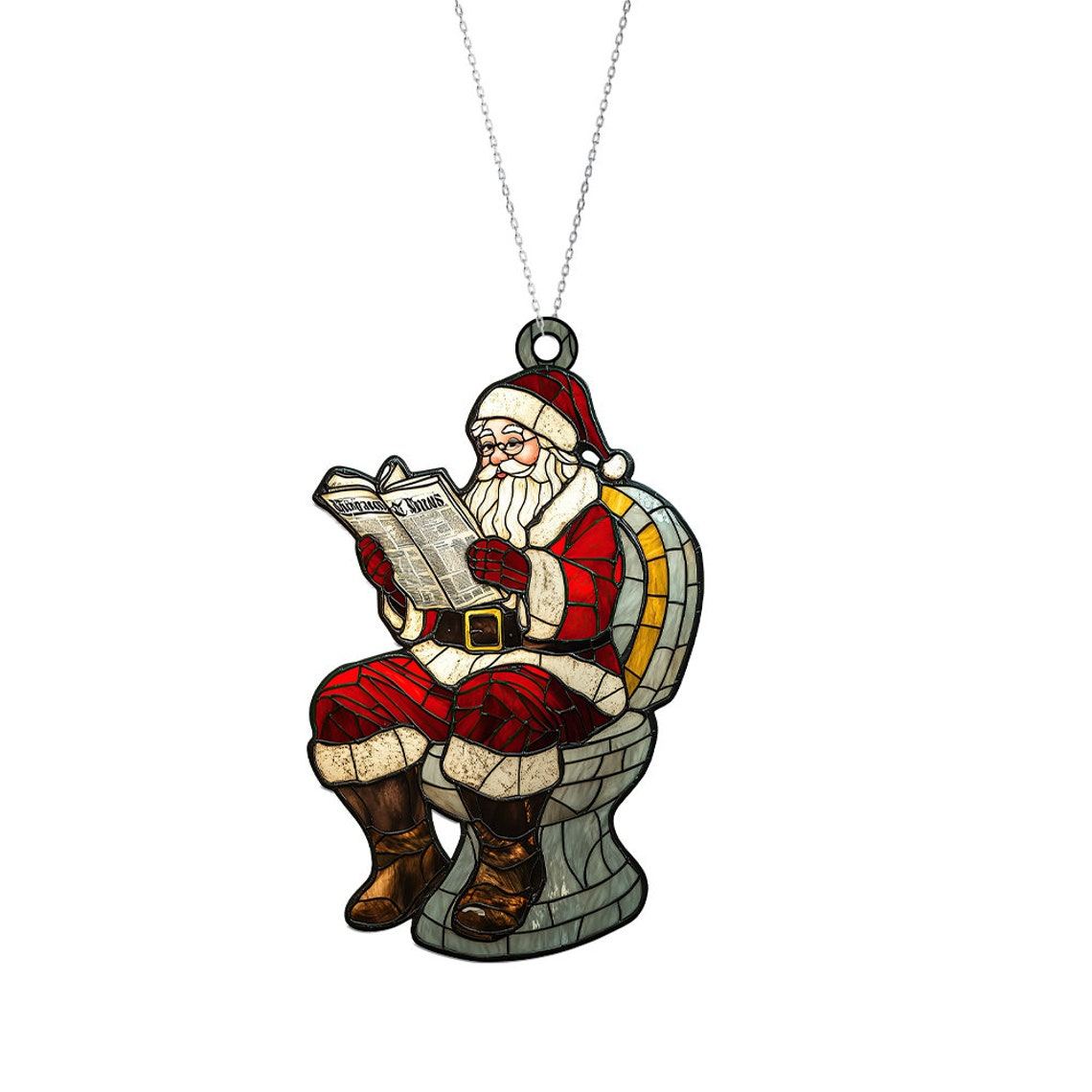 Funny Santa Claus in Bathroom Christmas Suncatcher, Santa Claus in Toilet Hanging Ornament