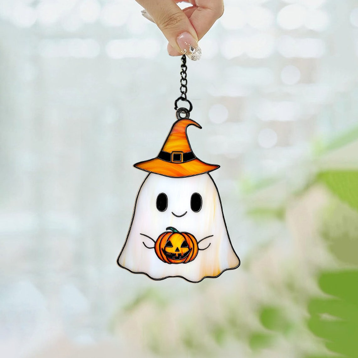 Cute Ghost with Pumpkin Halloween Suncatcher, Halloween Jack-o-lantern Ornament