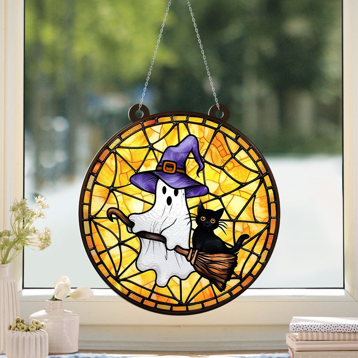 Cat Ghost Witchy Circle Hanging Suncatcher, Halloween Cat Boo Ornament Decor