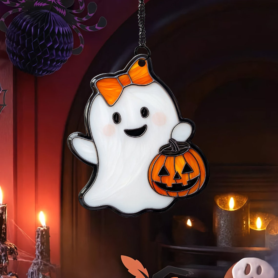 Cute Ghost Laugh with Lantern Halloween Suncatcher, Ghost Hanging Ornament Home Decor