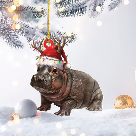 Cute Baby Hippo Moo Deng Flat Christmas Ornament, Pygmy Hippo Wearing Hat Santa Christmas Ornament