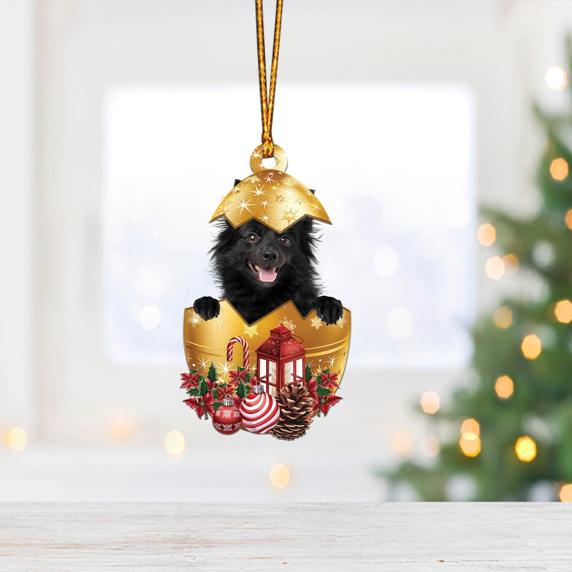 Schipperke In in Golden Egg Ornament, Black Dog Hanging Christmas Ornament Decor