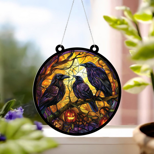 Moon Castle Threes Crow Hanging Suncatcher, Halloween Bird Hangings Ornaments Decor