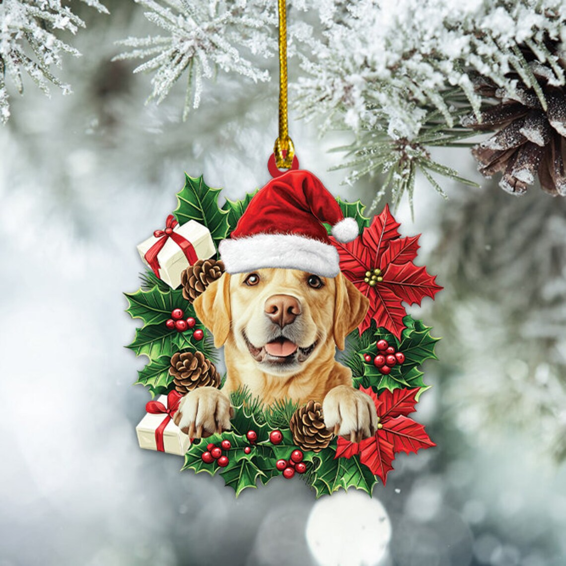 Labrador Retriever Dog Christmas Wreath Ornament, Christmas Labrador Retriever Dog Hanging Decor Ornament