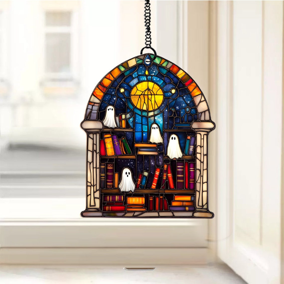 Cute Ghosts in Bookcase in the Library Suncatcher, Ghost Window Hanging Ornament