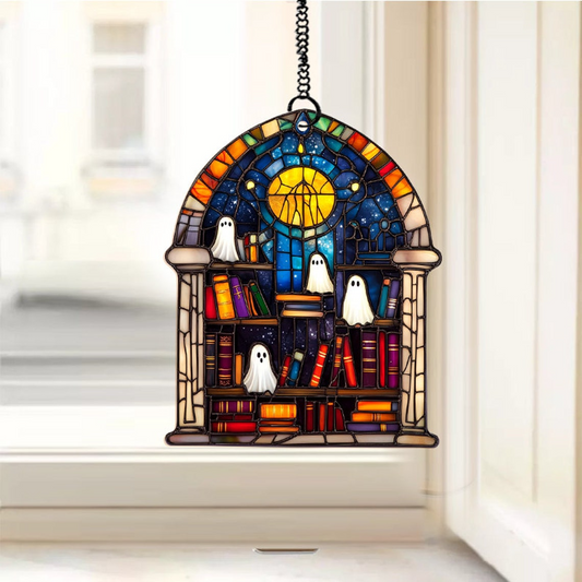 Cute Ghosts in Bookcase in the Library Suncatcher, Ghost Window Hanging Ornament