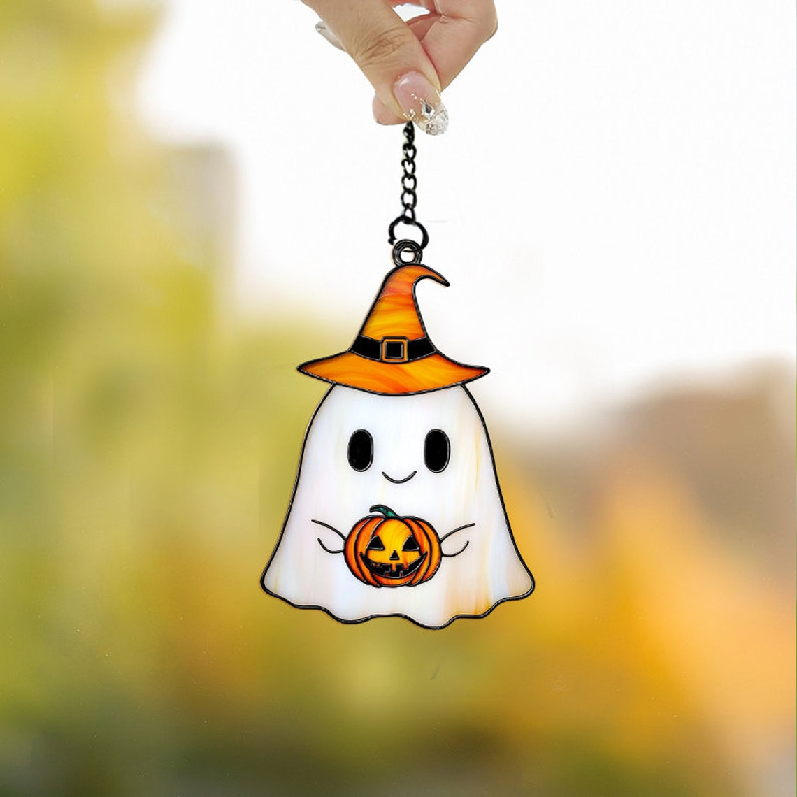 Cute Ghost with Pumpkin Halloween Suncatcher, Halloween Jack-o-lantern Ornament