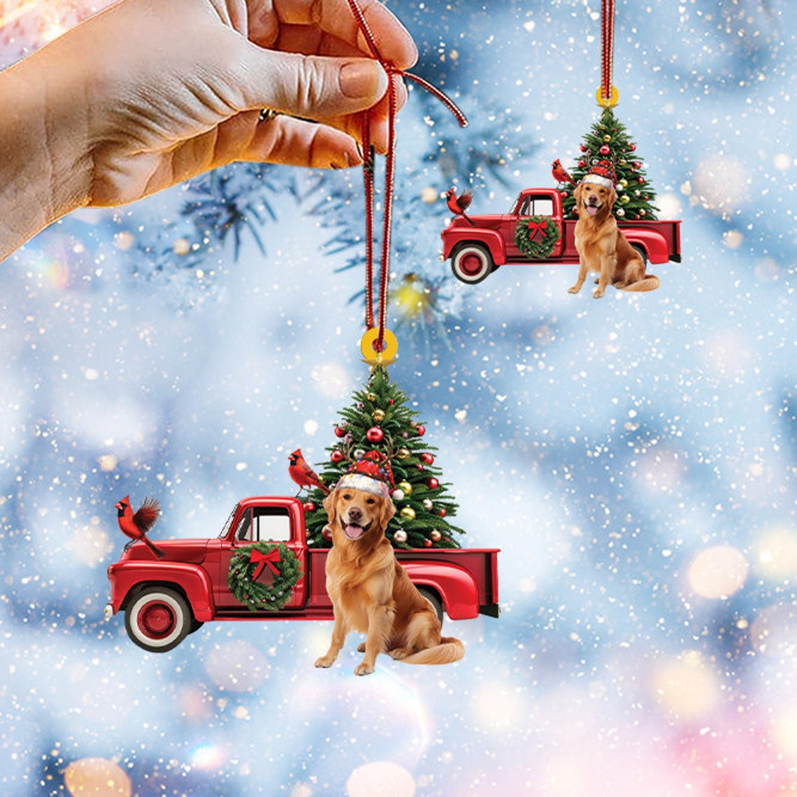 Golden Retriever Dog Red Truck Christmas Ornament, Retriever Dog Car Hanging Ornament Decor Gift