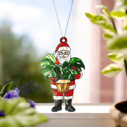 Santa With Monstera Pot Suncatcher Ornament, Santa Monstera Christmas Suncatcher Decor