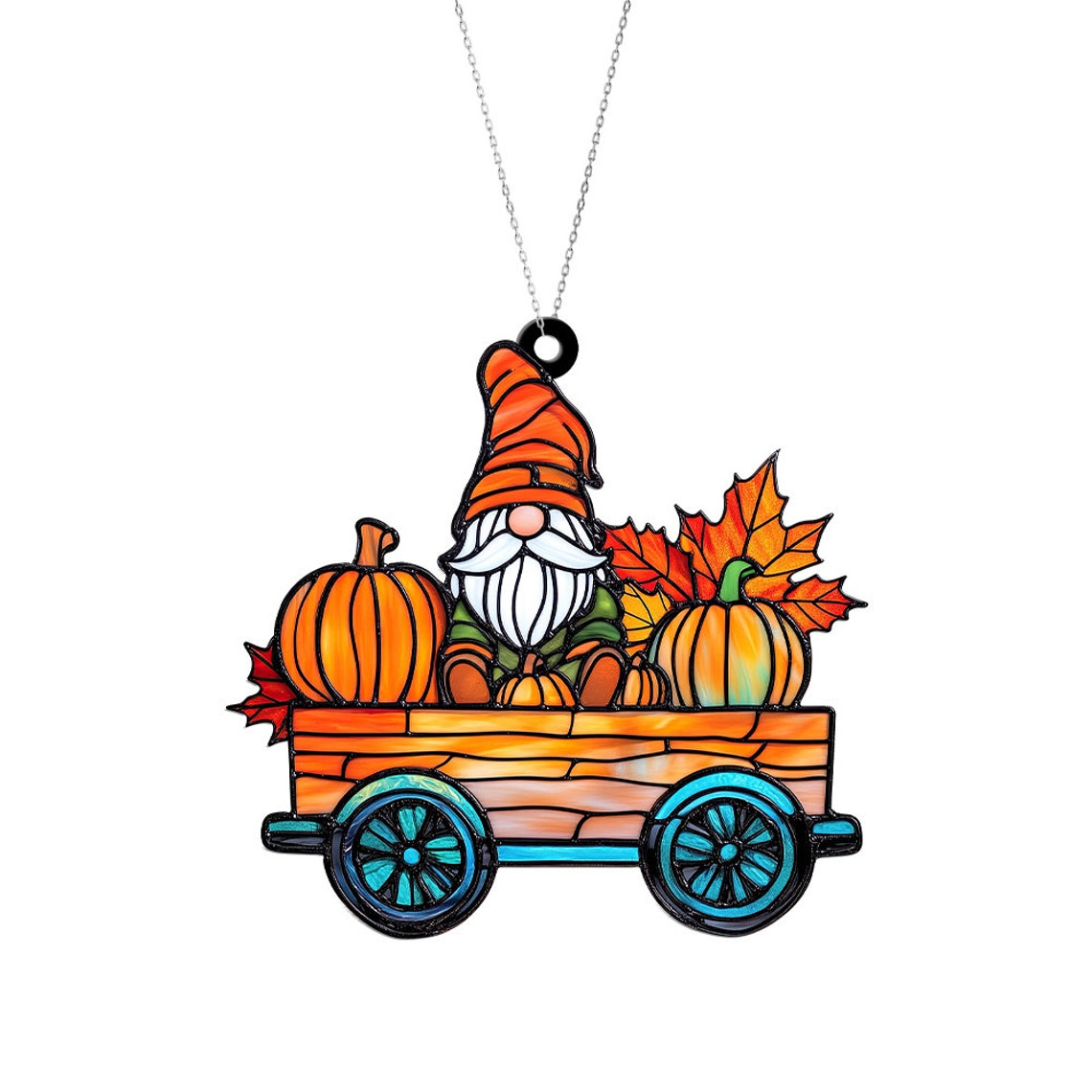 Gnomes on Pumpkin Cart Autumn Suncatcher, Gnome Autumn Thanksgiving Suncatcher Ornament Decor