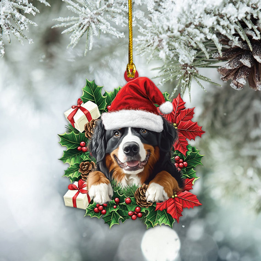 Bernese Mountain Dog Christmas Wreath Ornament, Cute Dog Hanging Christmas Ornament Decor Gift