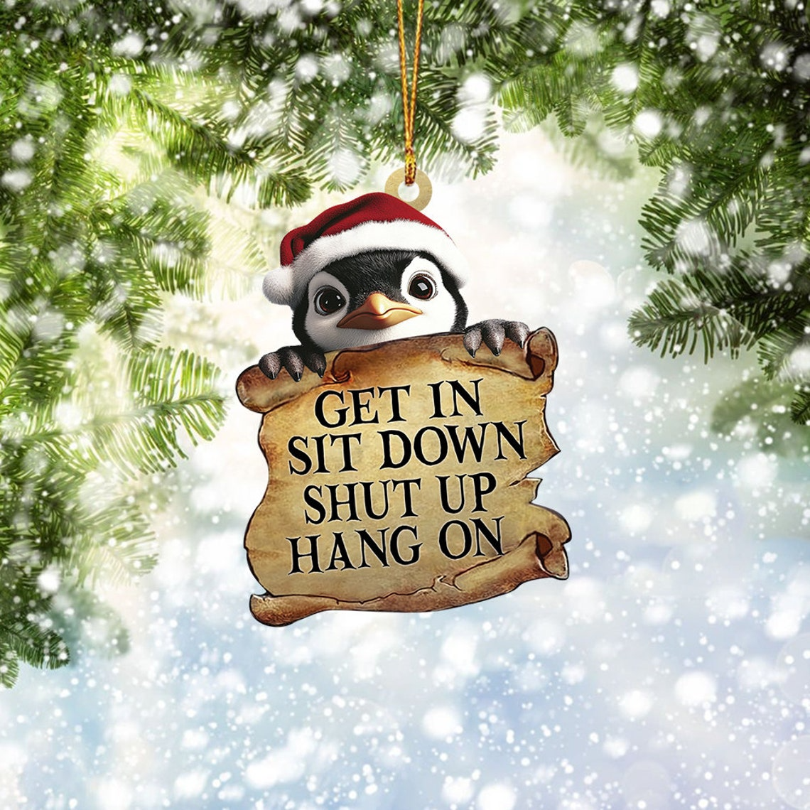 Penguin Get In Sit Down Shut Up Hang On Ornament, Penguin Flat Car Hanging Ornament Decor