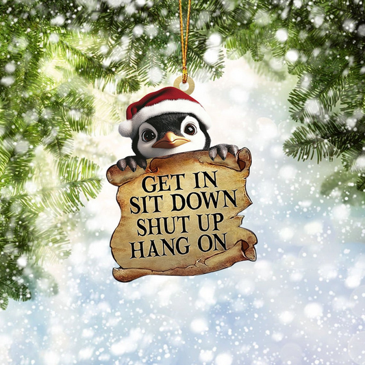 Penguin Get In Sit Down Shut Up Hang On Ornament, Penguin Flat Car Hanging Ornament Decor