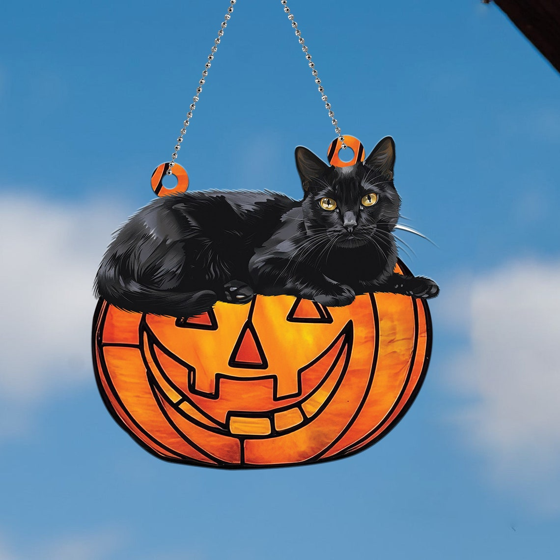 Black Cat Pumpkin Halloween Window Hanging Suncatcher, Cat Pumpkin Ornament Decor